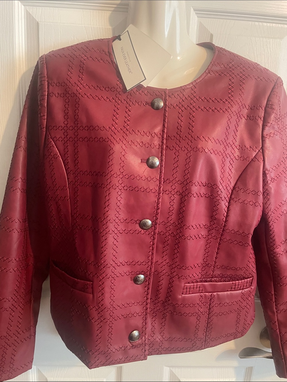 NWT Bagatelle rich faux-ever leather stitched, Button-Front Jacket in Deep Wine.